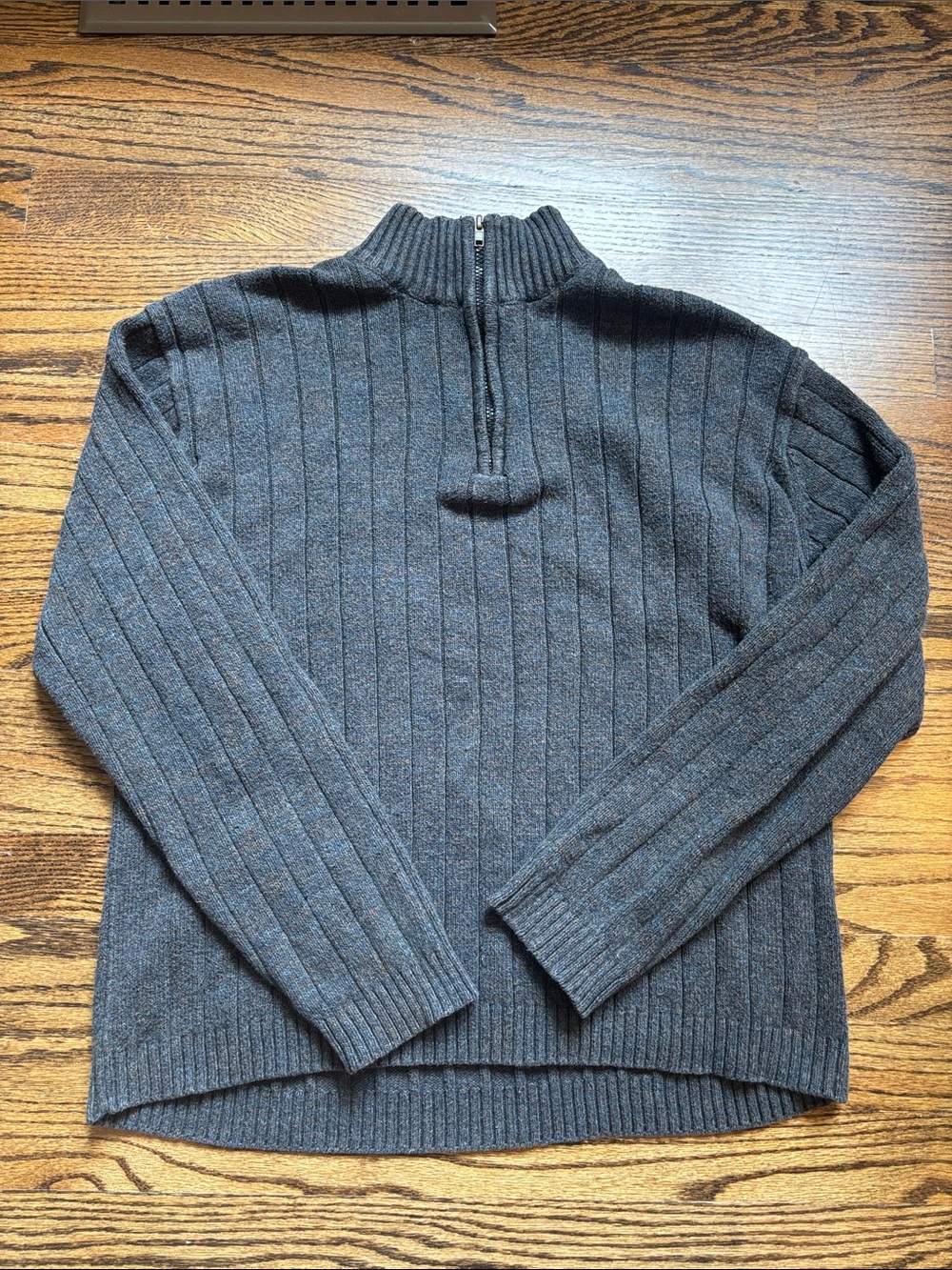 Vintage Men's Ribbed Half-Zip Sweater in Charcoal Blue Gray